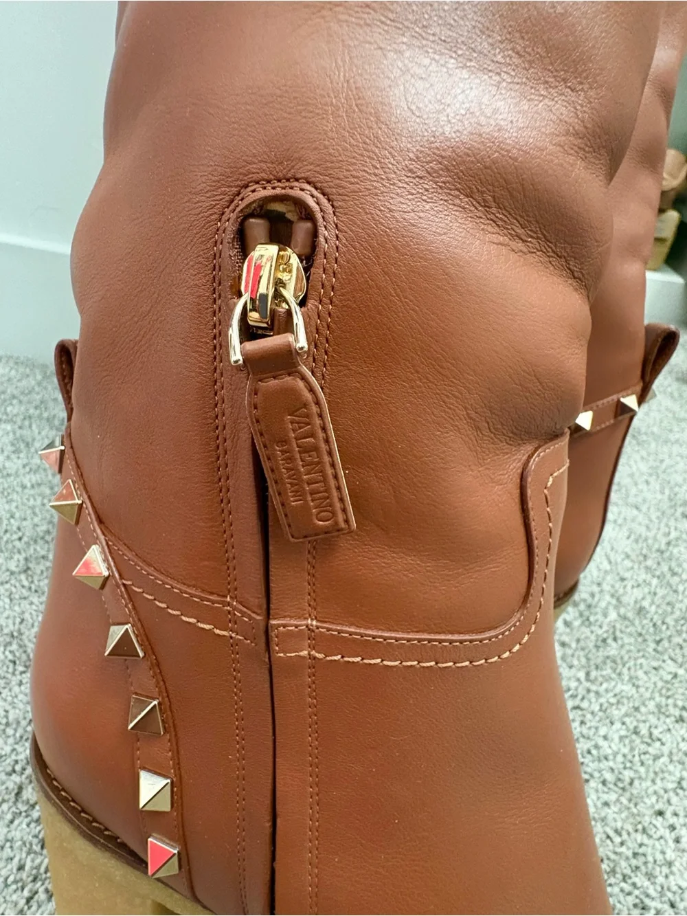 Valentino Garavani Cognac Studded Over-the-Knee Leather & Shearling Boots